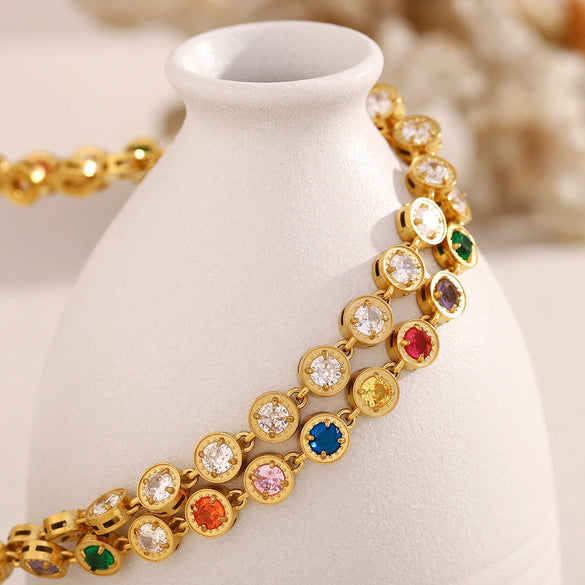 Elegant Versatile Jewelry Stainless Steel Plated 18K Gold Color Geometric Zirconium Necklace Bracelet For Women Electroplated