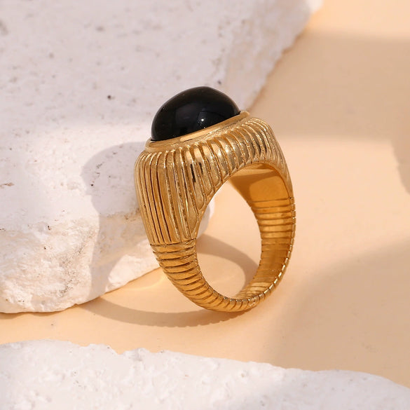 Elegant Vintage Niche Personality Bracelet And Crown Black Agate Ring In Stainless Steel With 18K Gold Plated Electroplating Geometric Style
