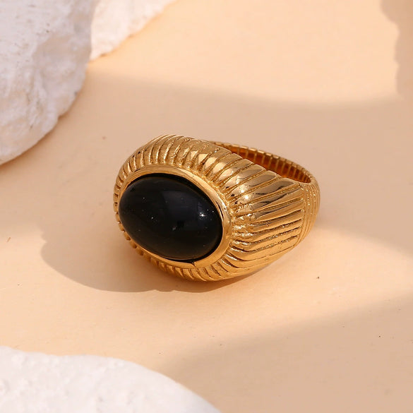 Elegant Vintage Niche Personality Bracelet And Crown Black Agate Ring In Stainless Steel With 18K Gold Plated Electroplating Geometric Style