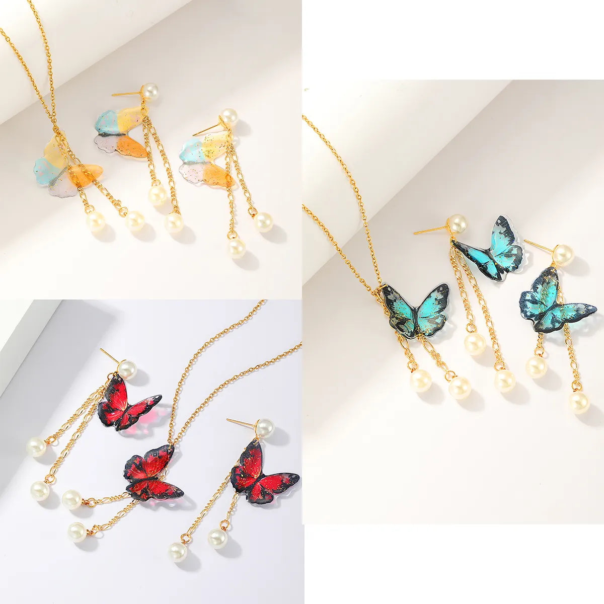 Elegant Vintage Style Butterfly Stainless Steel Imitation Pearl Plating 18k Gold Plated Earrings Necklace