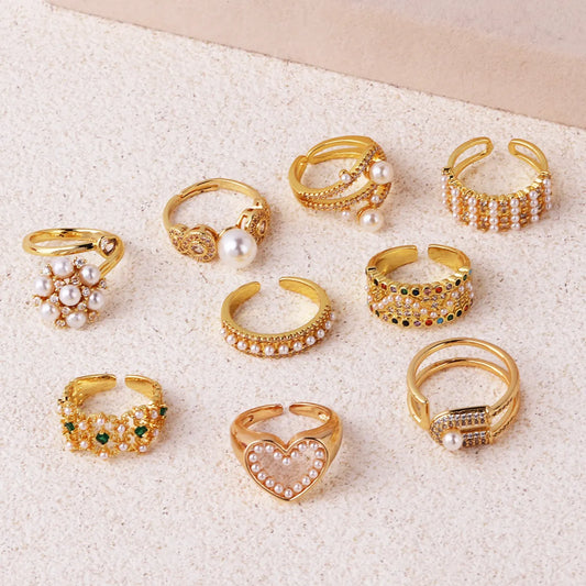 Elegant Vintage Style Circle Heart Shape Copper Plating Inlay Pearl Zircon Gold Plated Open Rings