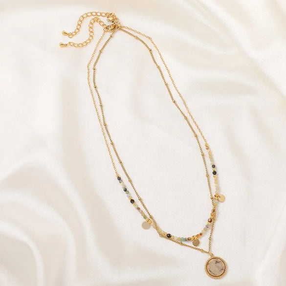 Elegant Vintage Style French Style Round Natural Stone Titanium Steel 18K Gold Plated Natural Stone Necklace In Bulk