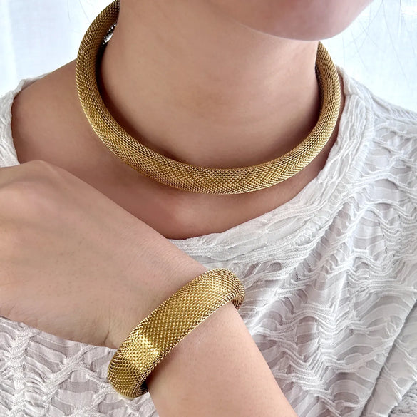 Wholesale Jewelry Elegant Vintage Style Geometric 304 Stainless Steel 18K Gold Plated Bracelets Necklace Jewelry Set