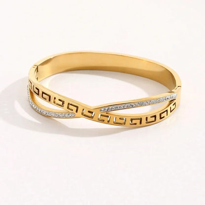 Elegant Vintage Style Geometric Stainless Steel Criss Cross Polishing Inlay Rhinestones 14k Gold Plated Bangle