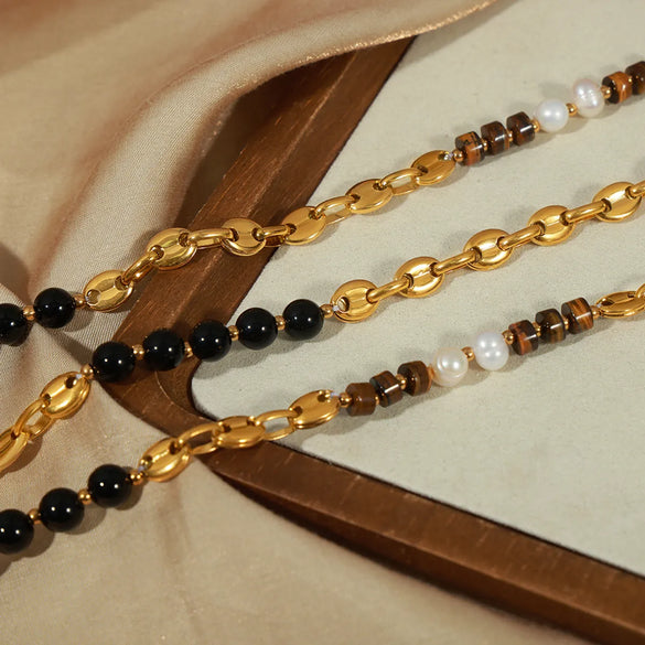 Elegant Vintage Style Geometric Titanium Steel Beaded Plating Inlay Freshwater Pearl Agate Tiger Eye 18k Gold Plated Necklace