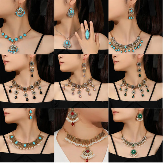 Elegant Vintage Style Luxurious Geometric Flower Gem Turquoise Alloy Wholesale Earrings Necklace