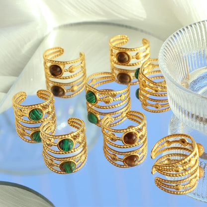 Titanium Steel Elegant Vintage Style Plating Inlay Round Turquoise  Tiger Eye Open Rings