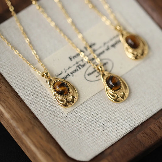 Elegant Vintage Style Water Droplets Stainless Steel Plating Inlay Tiger Eye 18k Gold Plated Pendant Necklace