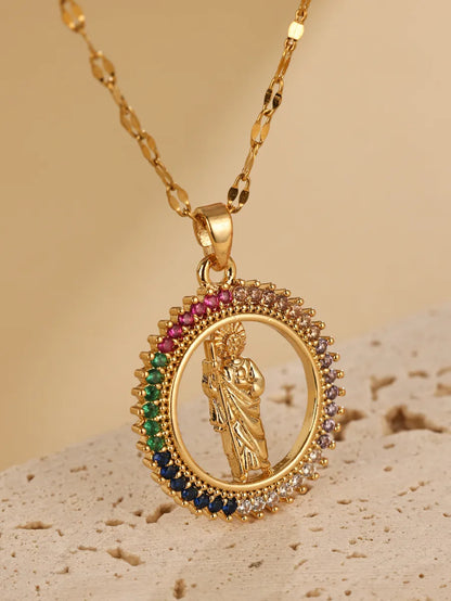 Elegant Virgin Mary Oval Stainless Steel Plating Hollow Out Inlay Zircon 18k Gold Plated Pendant Necklace