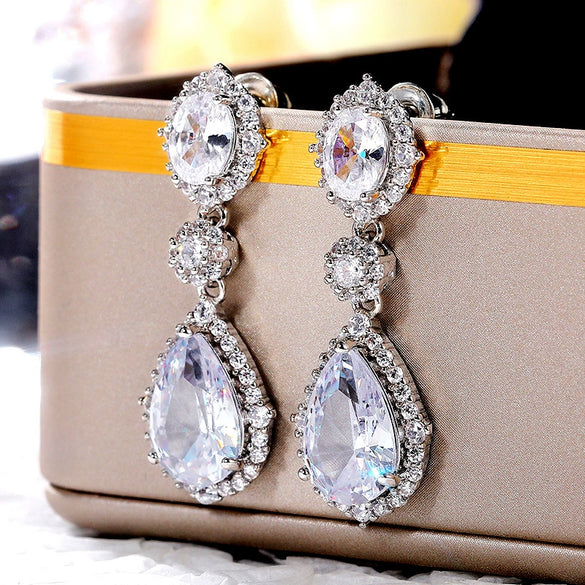 Elegant Water Drop Zircon Earrings Copper Material