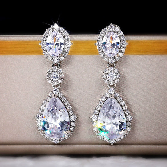 Elegant Water Drop Zircon Earrings Copper Material