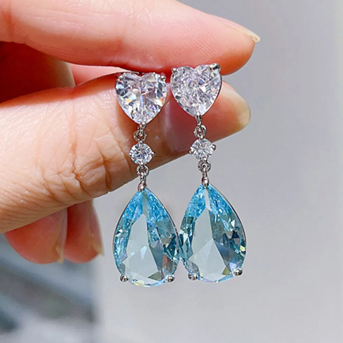 Elegant Water Droplets Copper Inlay Zircon Drop Earrings 1 Pair