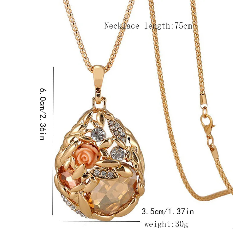 Elegant Water Droplets Rose Alloy Plating Inlay Artificial Rhinestones Women'S Sweater Chain Long Necklace