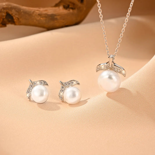 Elegant Wedding Simple Style Pearl White Gold Plated Rhodium Plated Freshwater Pearl Freshwater Pearl Sterling Silver Wholesale Earrings Necklace Jewelry Set