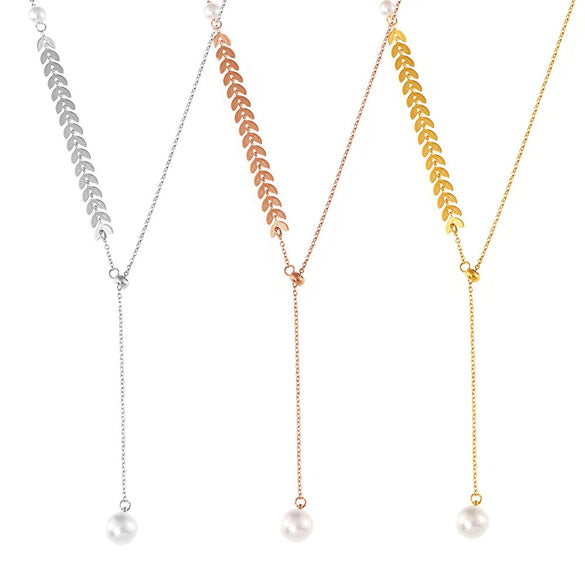 Elegant Wheat Ear Imitation Pearl Adjustable Pendant Necklace Titanium Steel 18K Gold Plated Tassel Clavicle Chain For Women Geometric Style Electroplated