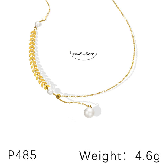 Elegant Wheat Ear Imitation Pearl Adjustable Pendant Necklace Titanium Steel 18K Gold Plated Tassel Clavicle Chain For Women Geometric Style Electroplated