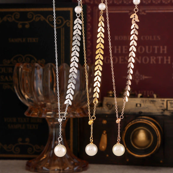 Elegant Wheat Ear Imitation Pearl Adjustable Pendant Necklace Titanium Steel 18K Gold Plated Tassel Clavicle Chain For Women Geometric Style Electroplated