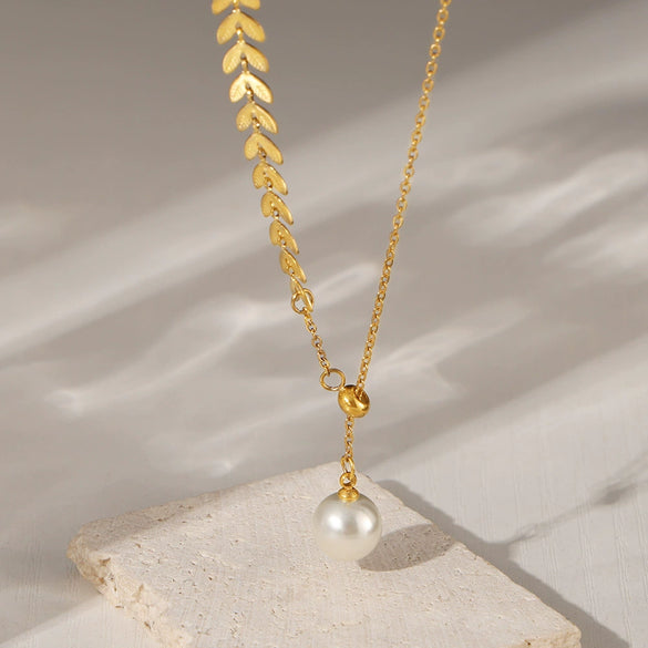 Elegant Wheat Ear Imitation Pearl Adjustable Pendant Necklace Titanium Steel 18K Gold Plated Tassel Clavicle Chain For Women Geometric Style Electroplated