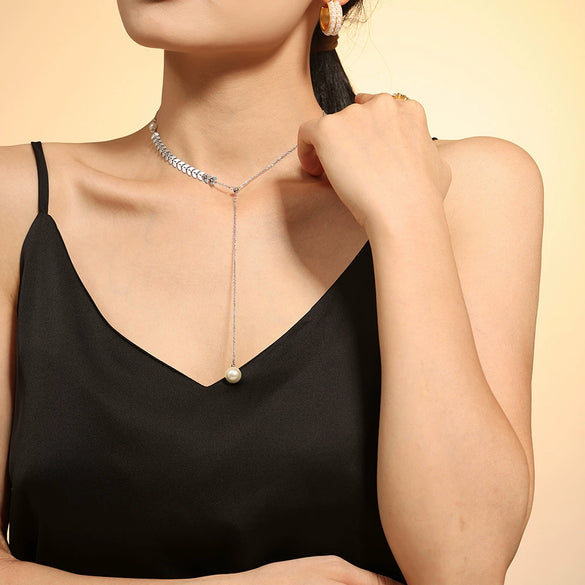 Elegant Wheat Ear Imitation Pearl Adjustable Pendant Necklace Titanium Steel 18K Gold Plated Tassel Clavicle Chain For Women Geometric Style Electroplated