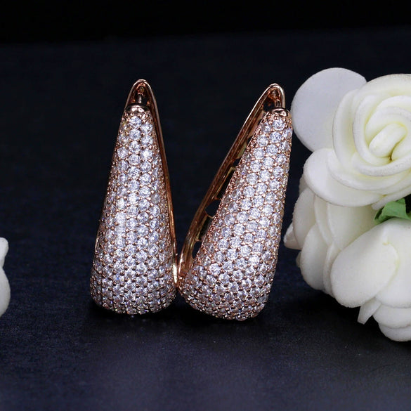 Elegant Women's Copper U Shaped Earrings With Inlaid Zircon Gold Tone Gem Set Fashion Jewelry