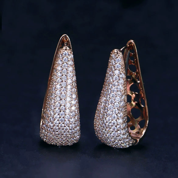 Elegant Women's Copper U Shaped Earrings With Inlaid Zircon Gold Tone Gem Set Fashion Jewelry