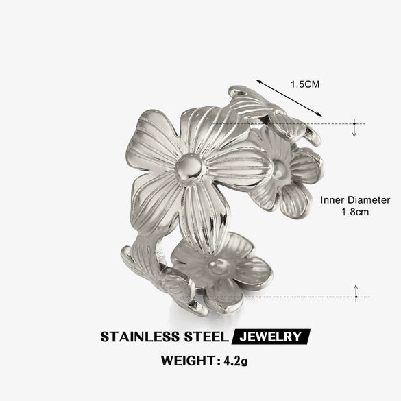 Elegant Women's Flower Ring In 18K Gold Electroplated Stainless Steel With Floral Plant Style For Fashion Jewelry