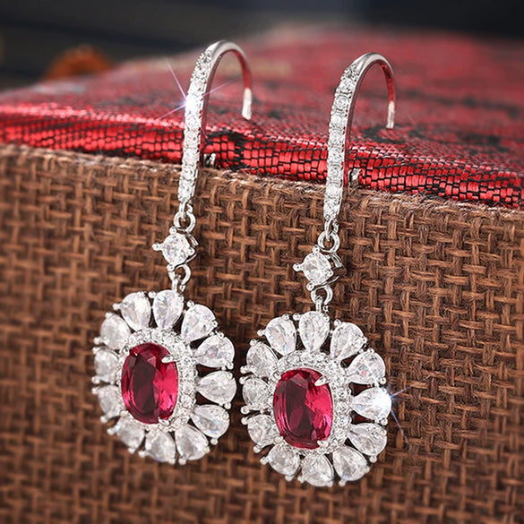 Elegant Women's French Style Copper Earrings With Oval Flower And Geometric Pattern Inlaid Zircon