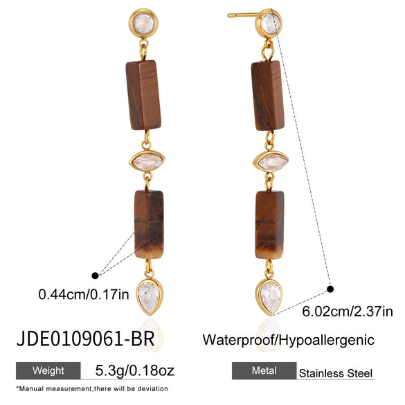 Elegant Women's Geometric Stainless Steel Tassel Earrings With Natural Stone Detail And Pierced Stud Design