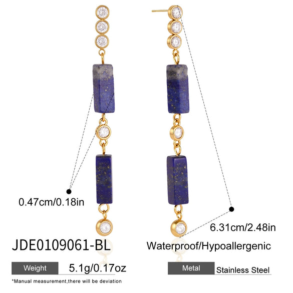 Elegant Women's Geometric Stainless Steel Tassel Earrings With Natural Stone Detail And Pierced Stud Design