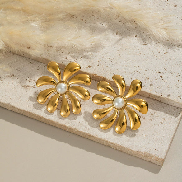 Elegant Women's Stainless Steel Geometric Earrings With Pearl Flowers Fireworks Design Electroplated For Banquet Party