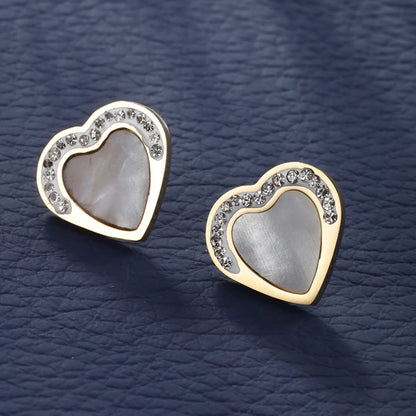 Elegant Xuping Simple Style Heart Shape Stainless Steel Plating Inlay Artificial Diamond Shell 14k Gold Plated Earrings Necklace