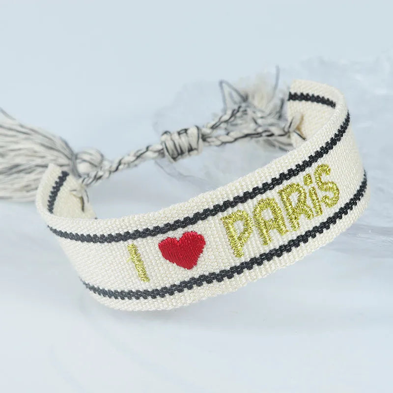 Embroidery Eiffel Tower Letter Polyester Wholesale Drawstring Bracelets