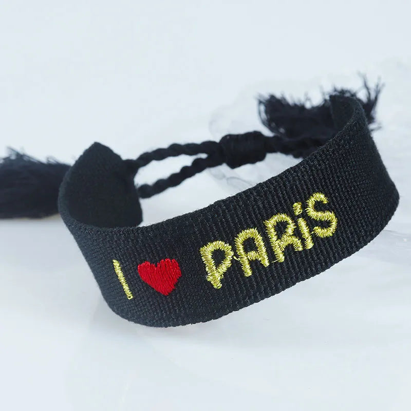 Embroidery Eiffel Tower Letter Polyester Wholesale Drawstring Bracelets