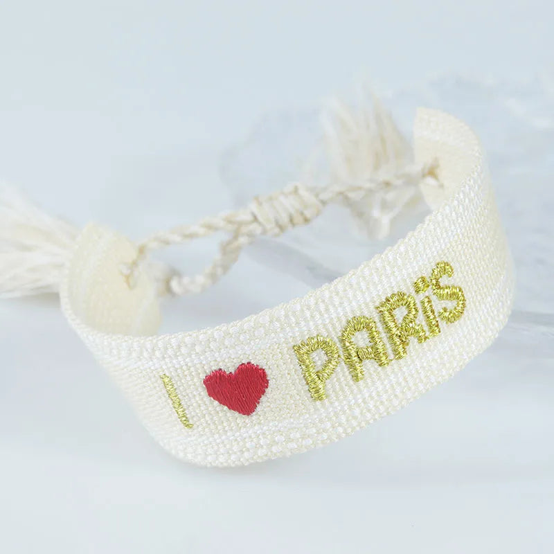 Embroidery Eiffel Tower Letter Polyester Wholesale Drawstring Bracelets