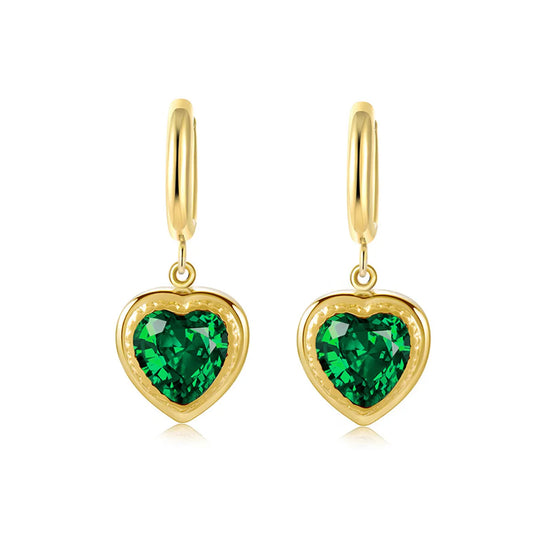 Emerald Zircon Heart Ear Buckle Stainless Steel 14k Gold Plated Earrings Wholesale