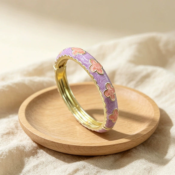 Enamel Clover Open Bangle Bracelets For Children Macaron Color Fresh Floral Jewelry Accessories With Plated Finish Wholesale