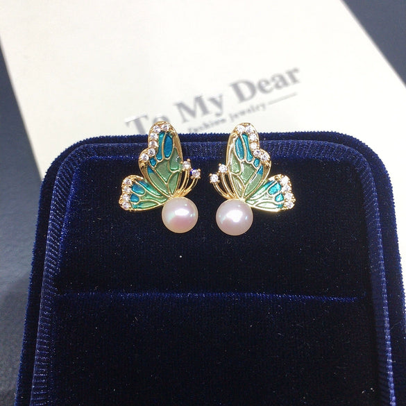 Enamel Half Wing Butterfly Natural Freshwater Pearl Jewelry Set Pendant Earrings Ring