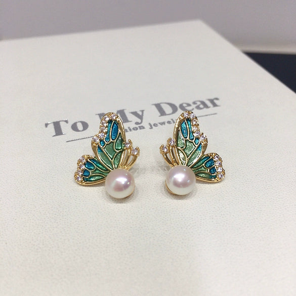 Enamel Half Wing Butterfly Natural Freshwater Pearl Jewelry Set Pendant Earrings Ring