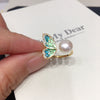 Enamel Half Wing Butterfly Natural Freshwater Pearl Jewelry Set Pendant Earrings Ring