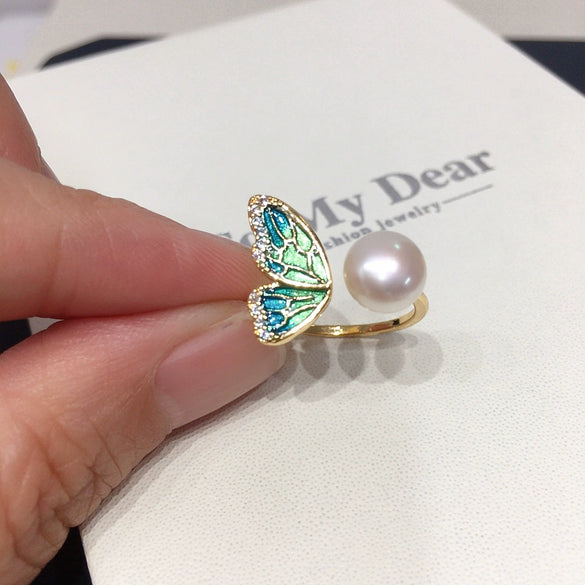 Enamel Half Wing Butterfly Natural Freshwater Pearl Jewelry Set Pendant Earrings Ring