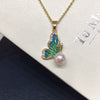 Enamel Half Wing Butterfly Natural Freshwater Pearl Jewelry Set Pendant Earrings Ring
