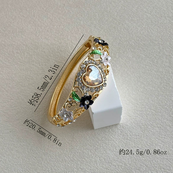 Enamel Heartshaped Wide Bangle Bracelet With Hollow Out Details And Plated Finish Fashion Jewelry