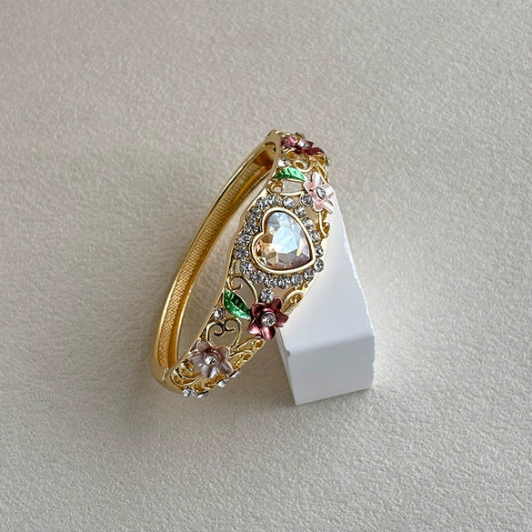 Enamel Heartshaped Wide Bangle Bracelet With Hollow Out Details And Plated Finish Fashion Jewelry