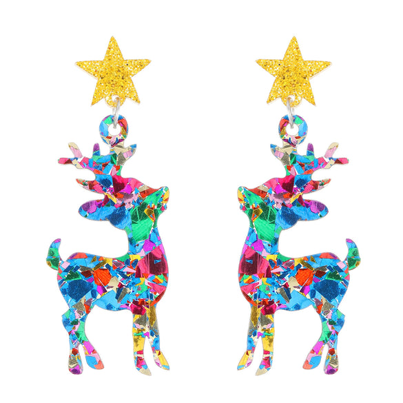Engraved Acrylic Deer And Star Christmas Earrings For Women Animal Inspired Holiday Jewelry