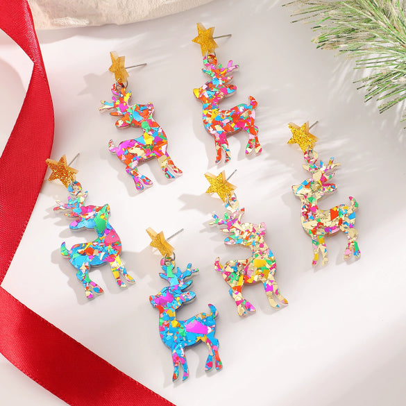 Engraved Acrylic Deer And Star Christmas Earrings For Women Animal Inspired Holiday Jewelry