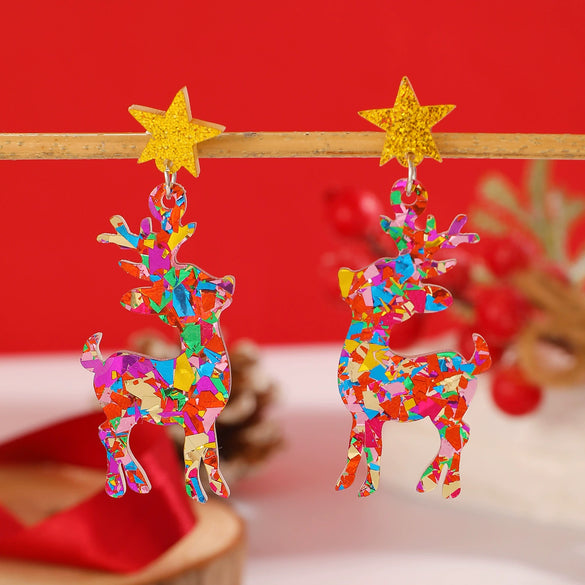 Engraved Acrylic Deer And Star Christmas Earrings For Women Animal Inspired Holiday Jewelry