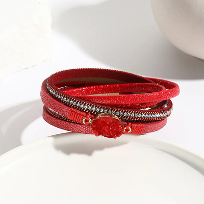 Ethnic Style Bohemian Classic Style Geometric Oval Pu Leather Gravel Inlay Zircon Women'S Bangle