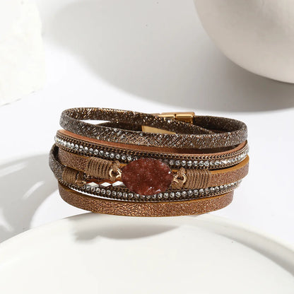 Ethnic Style Bohemian Classic Style Geometric Oval Pu Leather Gravel Inlay Zircon Women'S Bangle