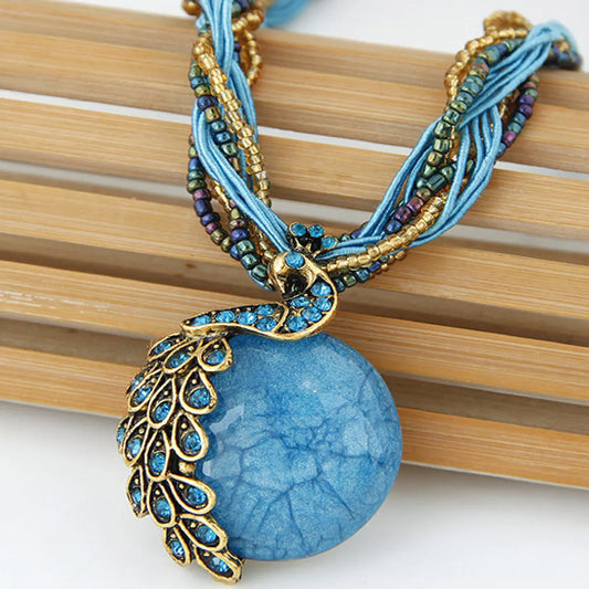 Ethnic Style Bohemian Peacock Alloy Inlay Resin Women'S Pendant Necklace Sweater Chain