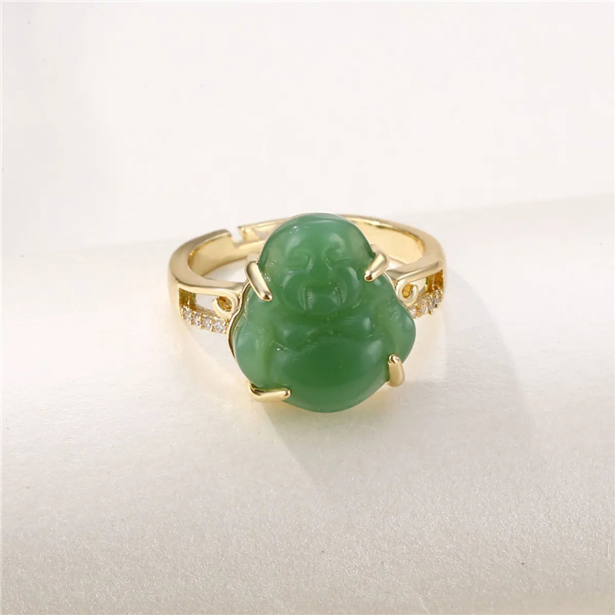 Ethnic Style Buddha Copper 18k Gold Plated Jade Zircon Rings In Bulk